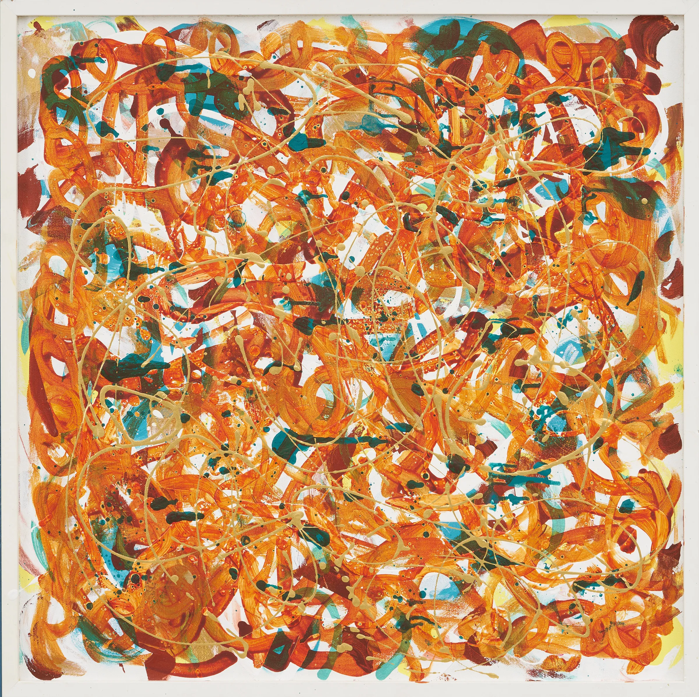 Printed canvas covered in orange, reddish, blue squiggles, with gold metallic squiggle on the top.