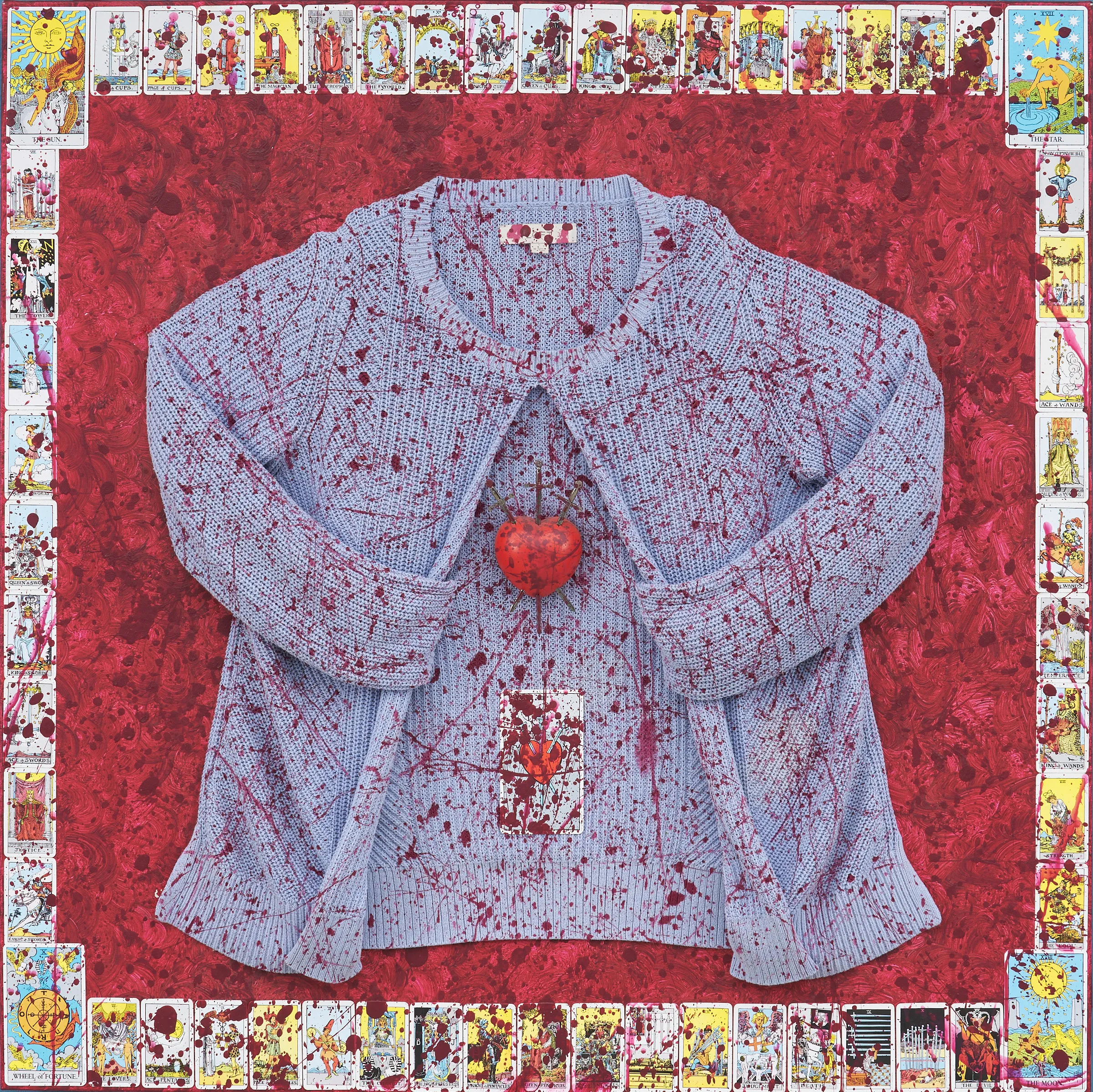 Red painted background, blue sweater, split open with heart inside, three swords in the heart, and The Three of Swords tarot card underneath. entire edge of canvas is surrounded by smaller tarot cards with a large tarot card in each corner.