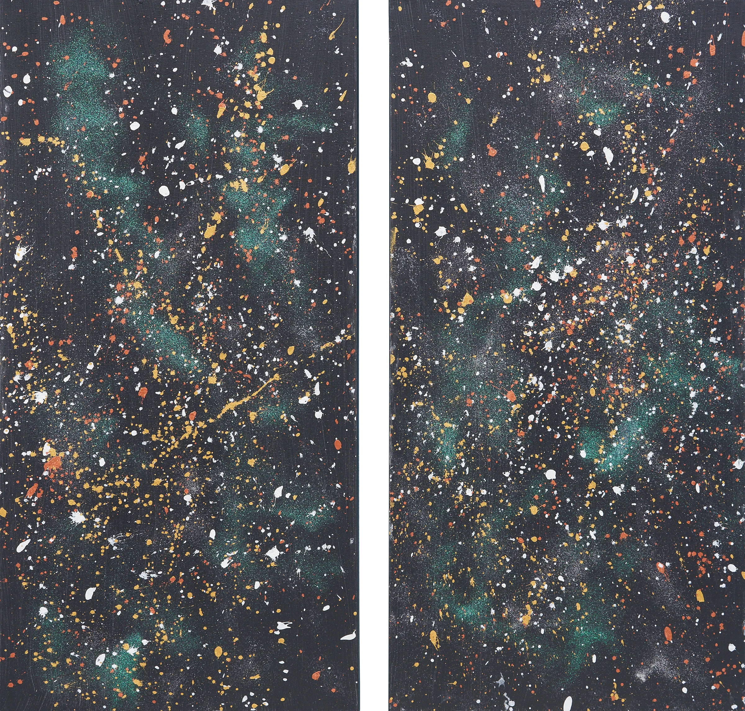 White, yellow, blue splatters of paint on a black background with holographic glitters swirling through both canvas'.