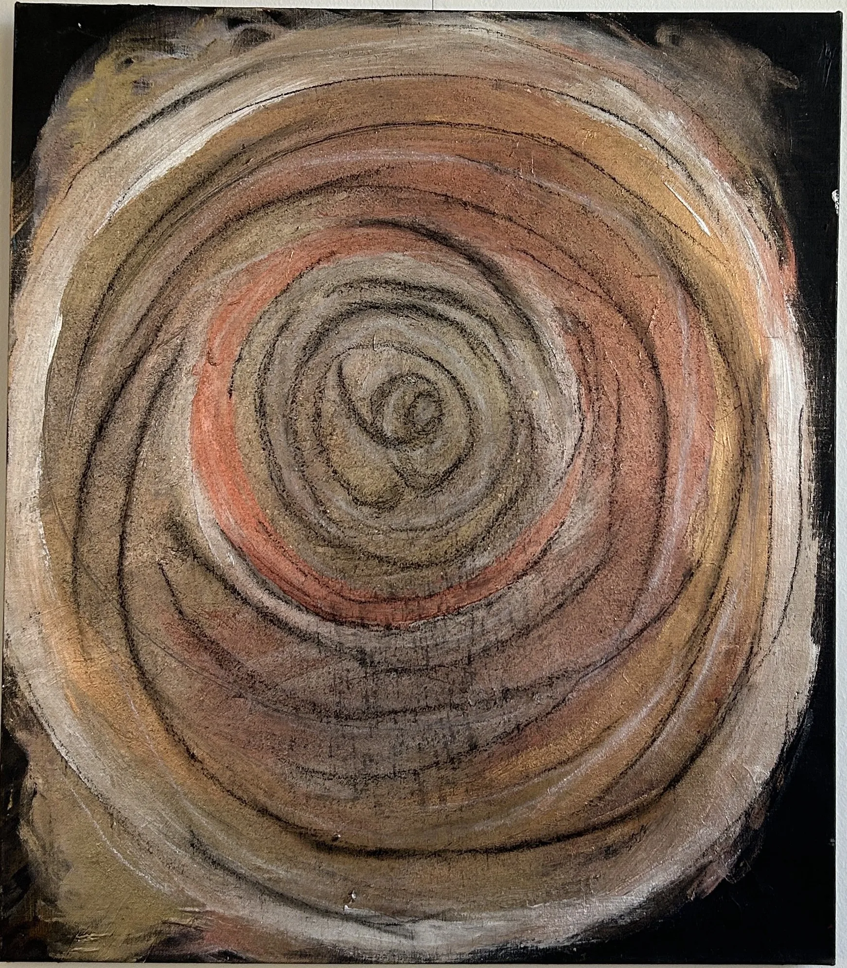 Swirls of coper, bronze and white on a black background with charcoal swirls withing the copper bronze colors to create a labryith type effect.
